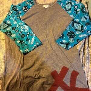 LuLaRoe Gray Top with Blue Patterned Sleeves